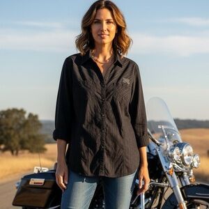 Harley-Davidson Women’s 2W Black Pinstripe Button-Up Shirt –‎ Embroidered Logo